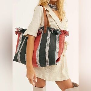 Free People Woven Stripe Fringe Tote Bag Coral Blue Leather Straps Beach Summer